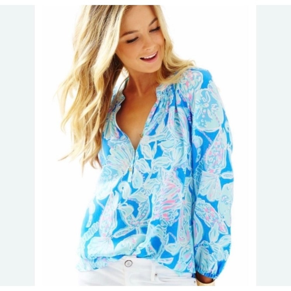Lilly Pulitzer Elsa Silk Blouse Sea to Shining Sea Blue Pink Aquatic Print L